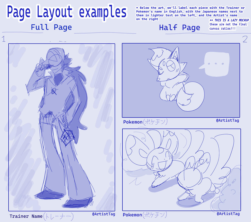 a mock-up graphic of the page layout. With a full-page Trainer piece on the left, and two Pokemon pieces on the right. all 3 have fake labels for exemplary reasons.